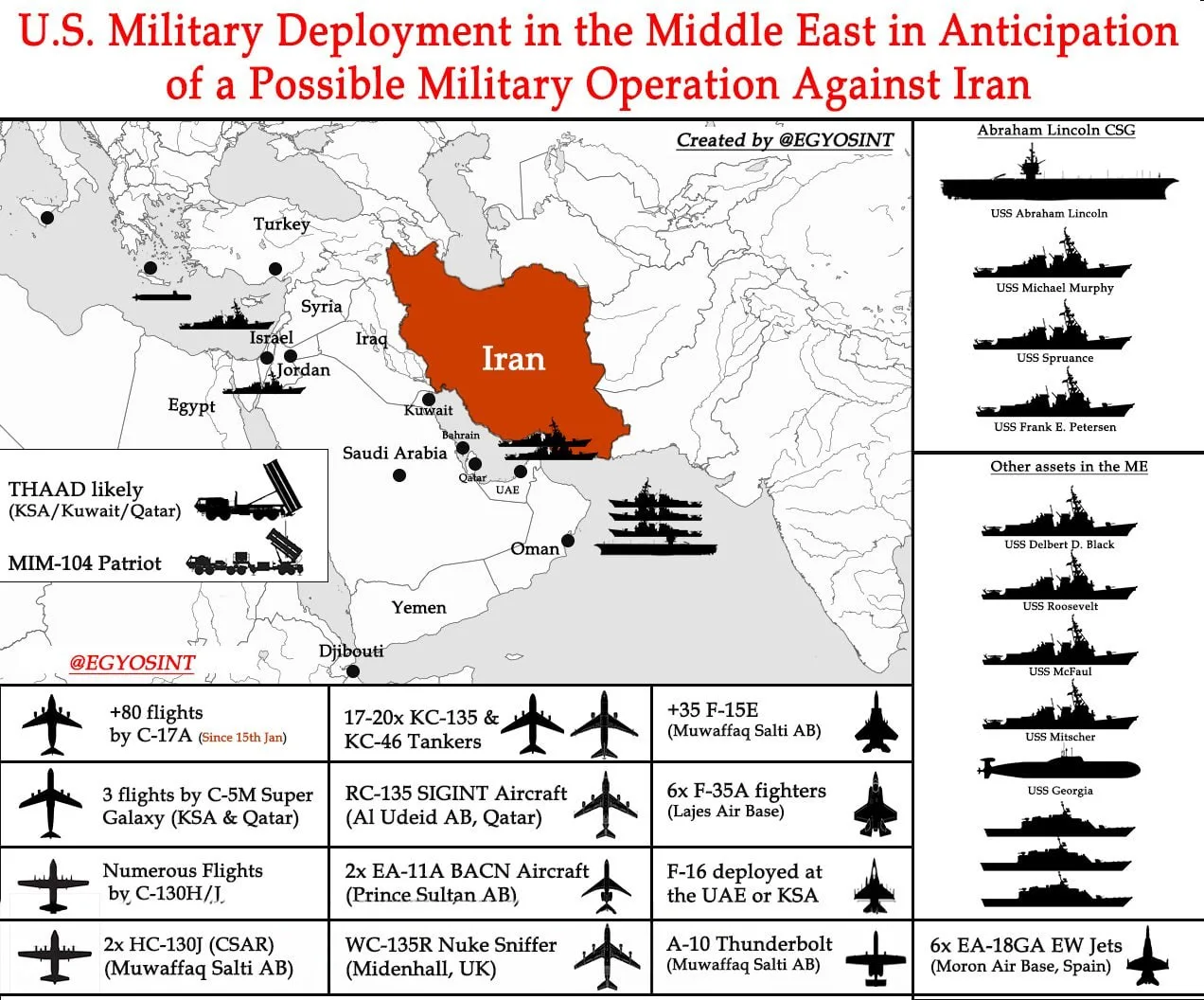 Текущее развертывание сил США на Ближнем Востоке за прошедшую пару недель выглядит примерно так