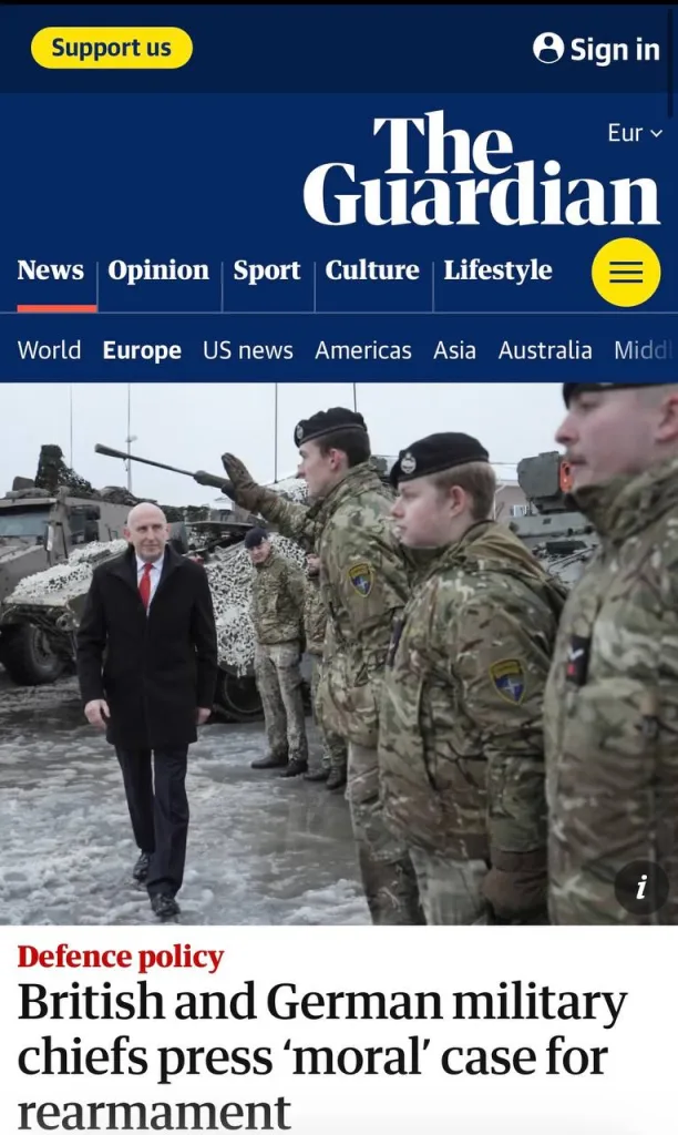 Высшие военные руководители Великобритании и Германии выступили с беспрецедентным совместным призывом к общественности принять «моральные» аргументы в пользу перевооружения и подготовиться к угрозе войны с Россией