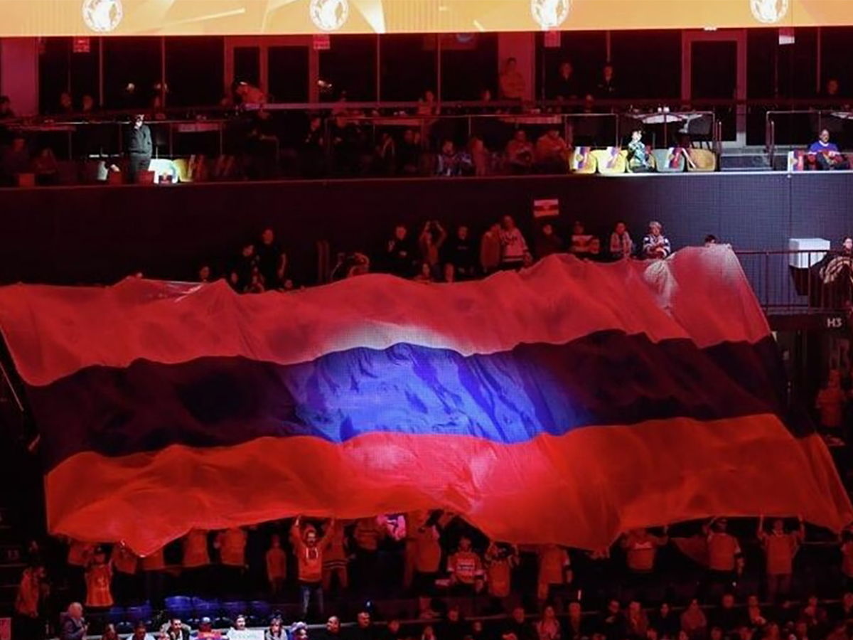 Во время хоккейного поединка на Олимпиаде в Италии вывесили флаг РФ0