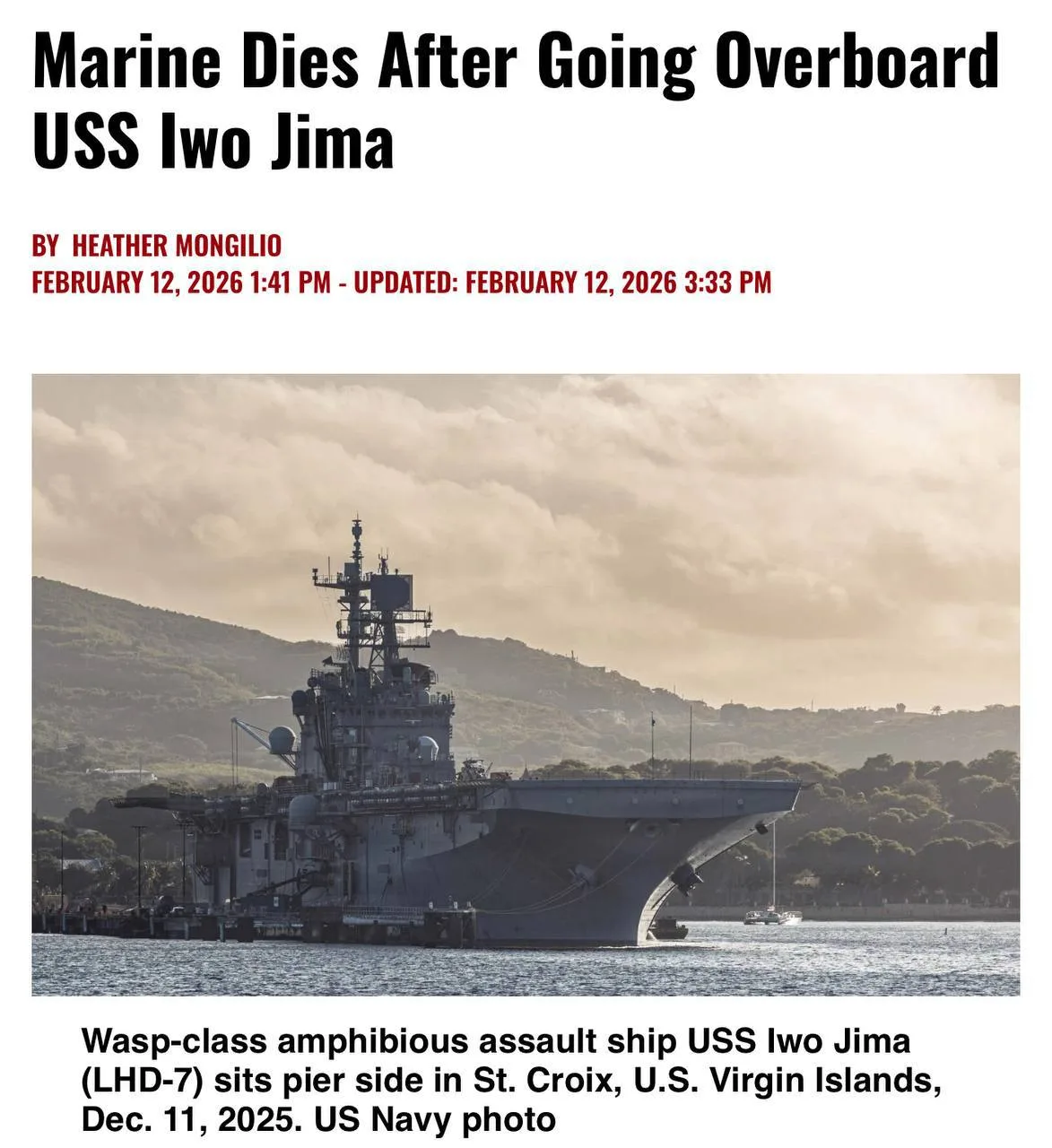 Американский морской пехотинец из состава 22-го отряда морской пехоты, погиб после падения за борт УДК LHD 7 Iwo Jima в Карибском море