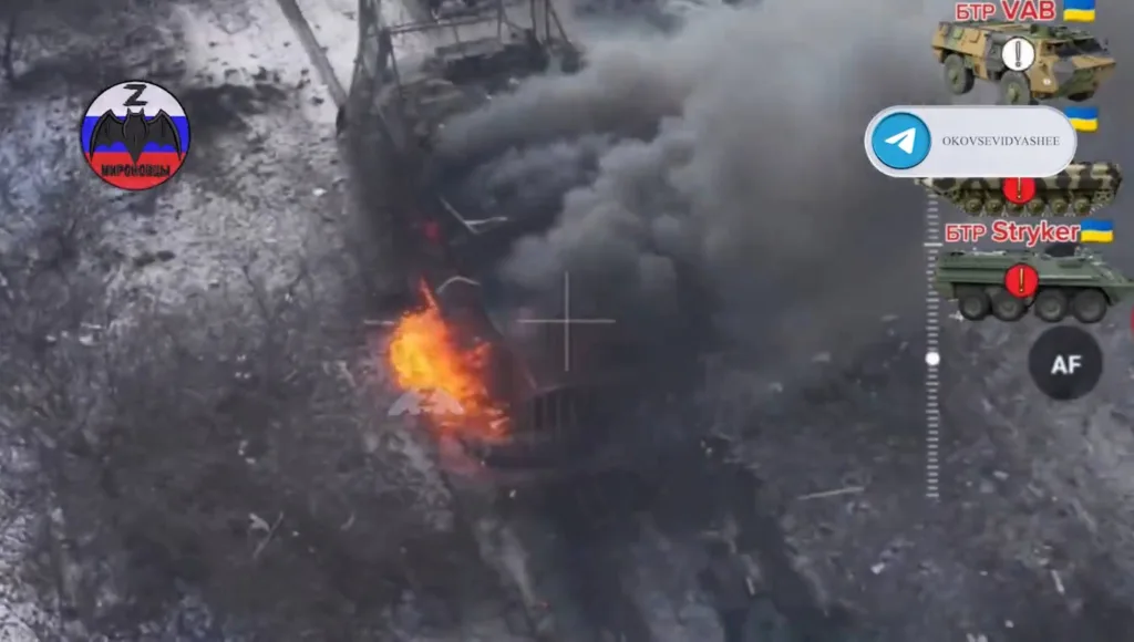Уничтожение бронетранспортёра VAB, БМП-2 и M1126 Stryker ВСУ в районе сёл Кривая Лука и Каленики Краматорского района ДНР