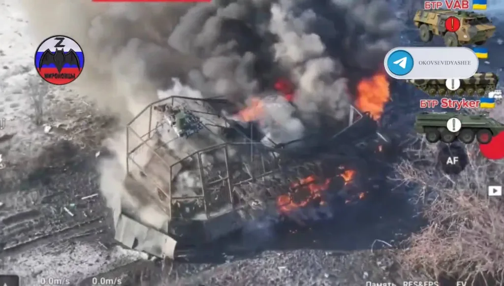 Уничтожение бронетранспортёра VAB, БМП-2 и M1126 Stryker ВСУ в районе сёл Кривая Лука и Каленики Краматорского района ДНР