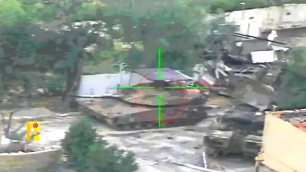 Поражение израильского танка Merkava Mk.4M с мангалом выстрелом иранского оптоволоконного ПТРК Almas, используемого "Хезболлой" в Южном Ливане