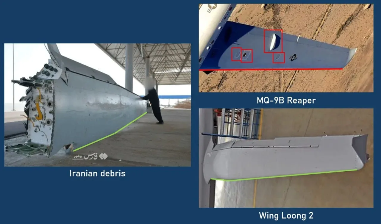 Обломки очередного БПЛА Wing Loong 2 китайского производства, обнаруженные у побережья Ирана. На этот раз их выловили местные иранские рыбаки в Ормузком заливе у порта Дейр в провинции Бушер