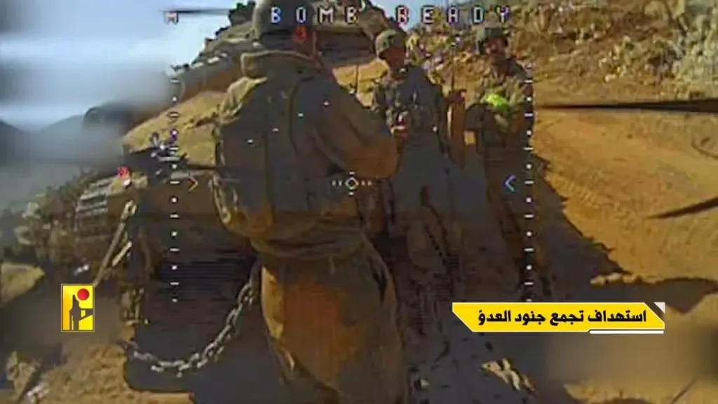 Прилет FPV-дрона "Хезболлы" прямо в израильского солдата, стоявшего перед танком Merkava Mk.4M