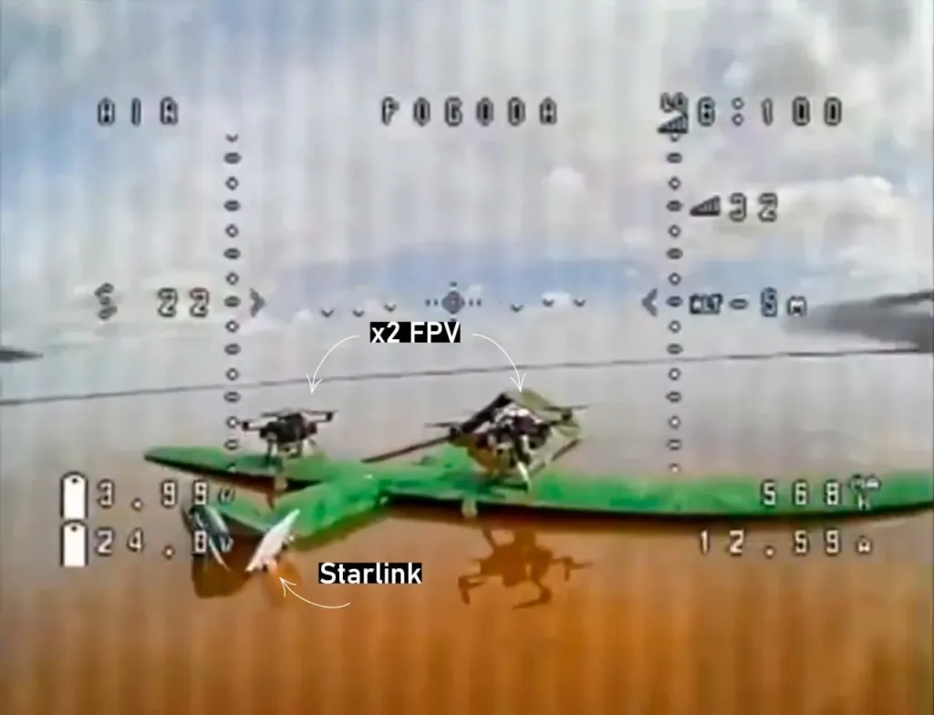 Камуфлированный украинский дрон FP-1 (FP-2) с терминалом Starlink и парой подвешенных FPV-дронов, сбитый или упавший в водоем где-то в зоне СВО