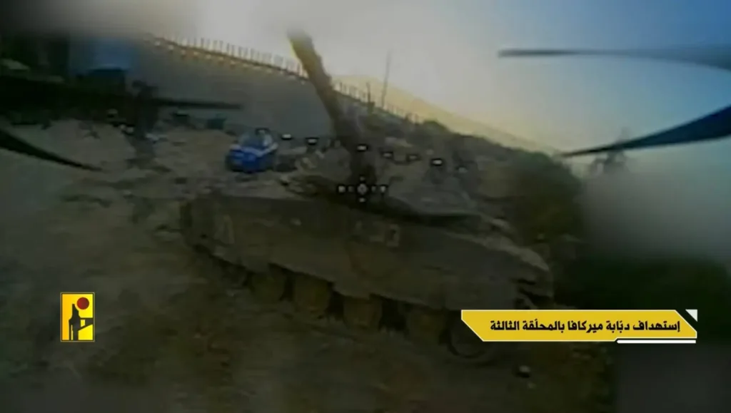 Удары FPV-дронов «Хезболлы» по пикапу Isuzu, танку Merkava Mk.4M и командно-штабным машинам ЦАХАЛ на территории военной базы Аль-Абад на границе с Ливаном