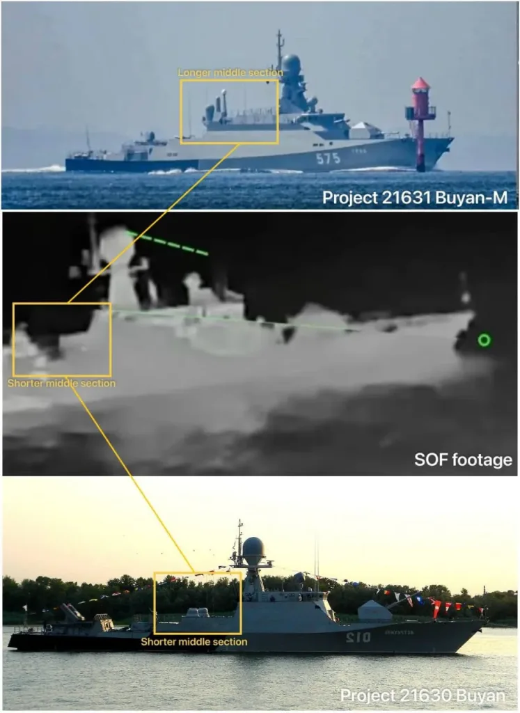 Удары украинских дронов FP-2 по малому артиллерийскому кораблю проекта 21630 «Буян», предположительно, на Каспии