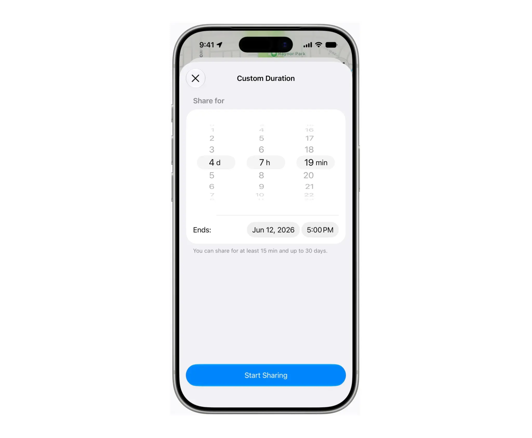 Как настроить срок доступа к геопозиции на iPhone. Вы можете выбирать время, сколько смартфон будет делиться геолокацией. Фото.