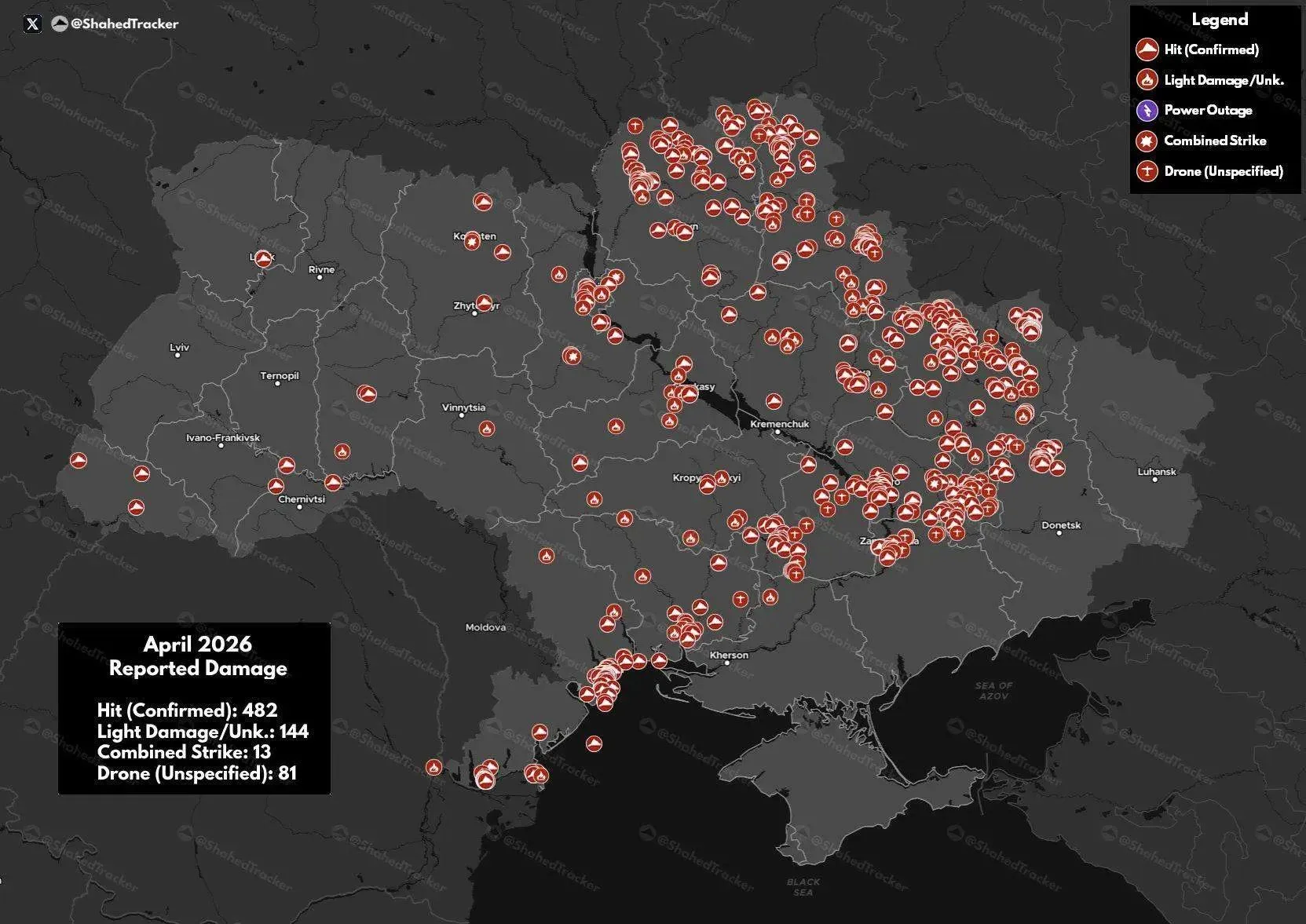 Статистика зарегистрированных поражений объектов на Украине дронами «Герань» за апрель 2026 года