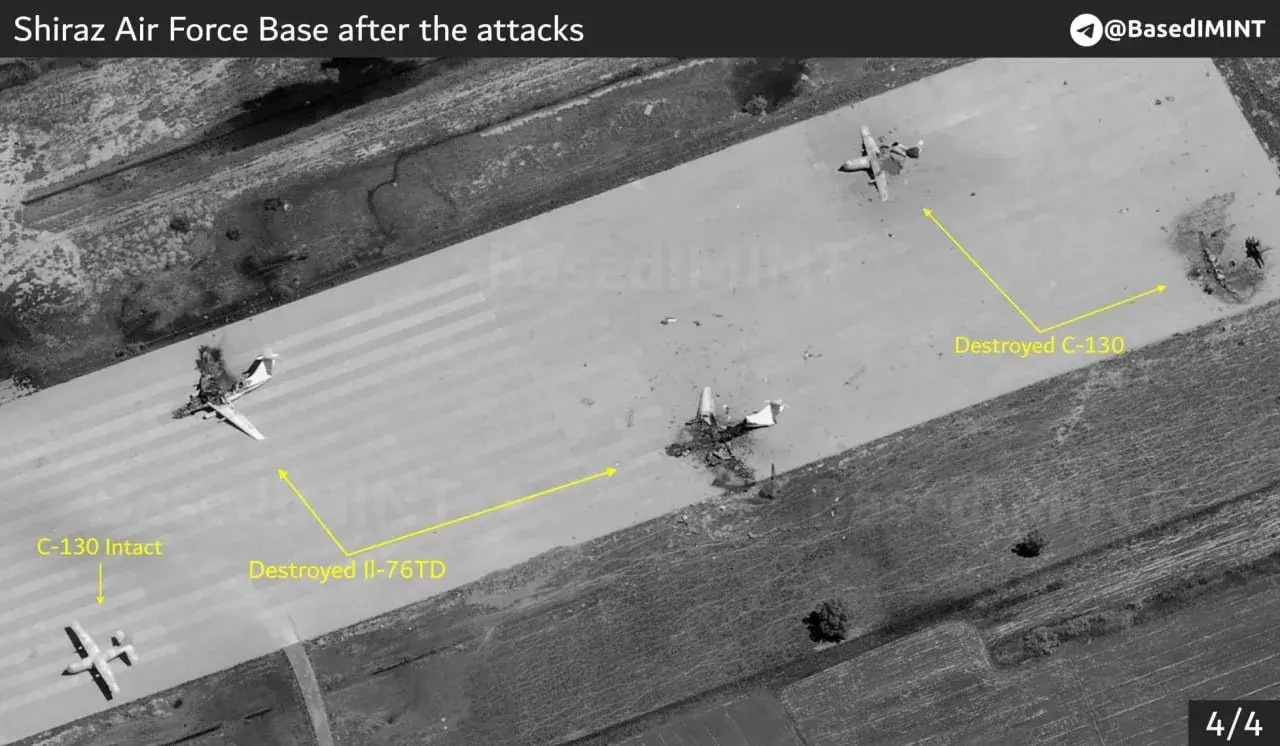 Уничтоженные 5 транспортных Ил-76, 2 транспортных C-130 и 2 истребителя-бомбардировщика Су-22 на иранской авиабазе Шираз в ходе ударов ВВС США во время войны