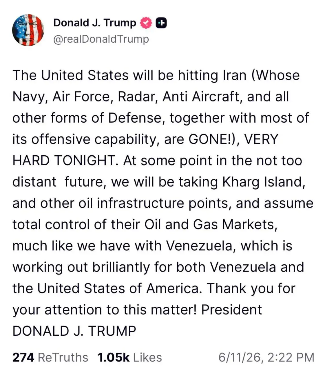 Трамп пообещал захватить иранский остров Харк и другие его объекты нефтяной инфраструктуры, а также нанести очередной ОЧЕНЬ СИЛЬНЫЙ удар по Ирану