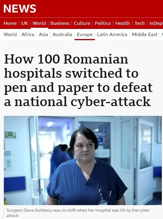 100 румынских больниц перешли на ручки и бумагу из-за кибератаки национального масштаба, пишет BBC