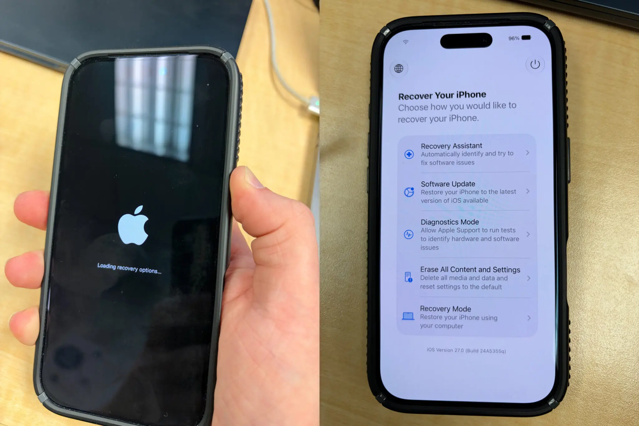 Новый режим восстановления iPhone без компьютера. Айфон покажет специальный экран загрузки и запустит режим восстановления. Фото.