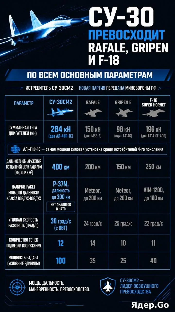 Су-30 превосходит Rafale, Gripen и F-18 по всем основным параметрам