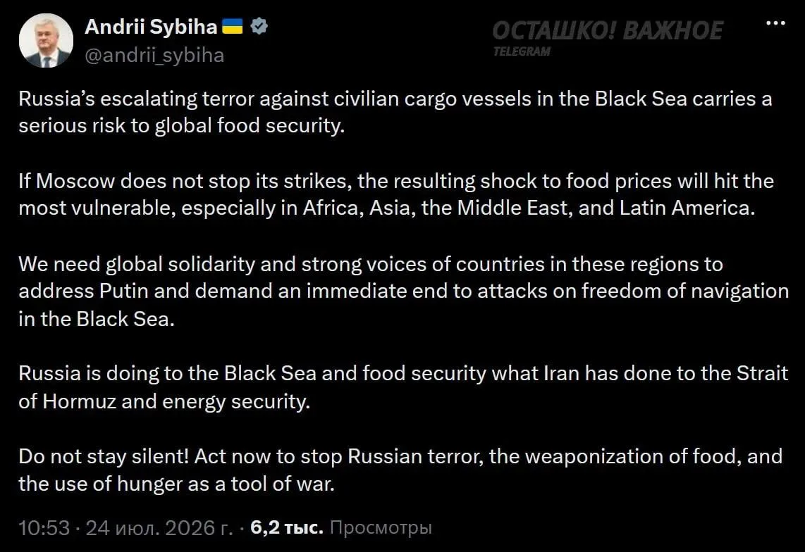«Не молчите!»: глава МИД Украины под страхом голода призывает Африку заставить Россию перестать атаковать суда в Чёрном море