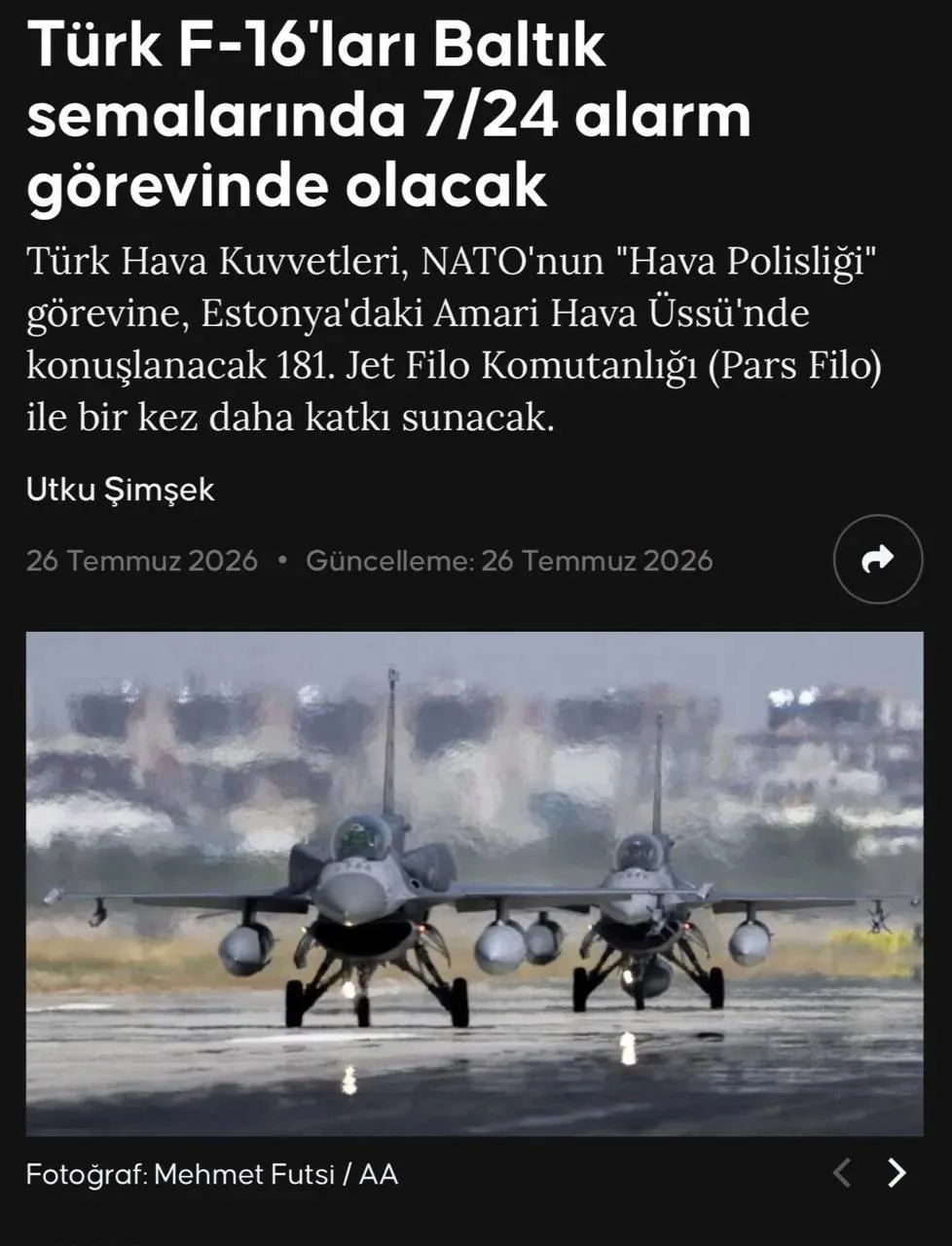 Турецкие F-16 будут круглосуточно дежурить над Балтийским морем, сдерживая угрозы воздушному пространству НАТО