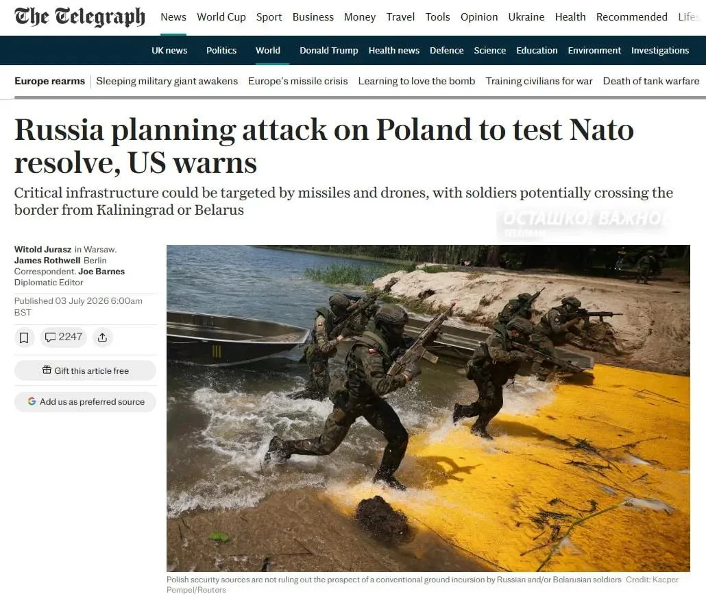 США предупредили Польшу о готовящемся ударе России — The Telegraph
