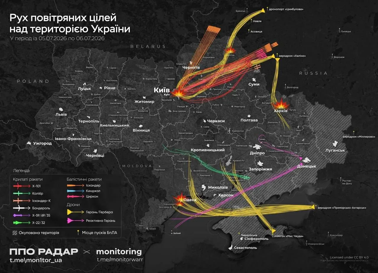 Примерная траектория полета 23 ракет ОТРК «Искандер-М» (их обманок) и 6 «Цирконов» по Киеву и области