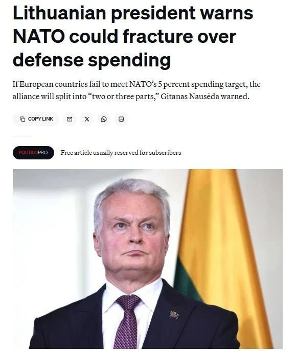 НАТО может расколоться на части, если его члены не будут выделять 5% ВВП на оборону, заявил президент Литвы. Большинство пока что тратят гораздо меньше