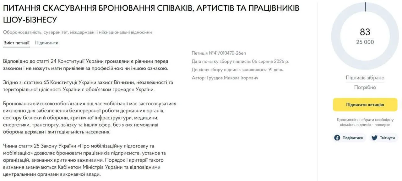 На Украине предлагают отменить бронь для певцов, актеров, телеведущих, художников и других представителей шоу-бизнеса: соответствующая петиция появилась на сайте Кабмина