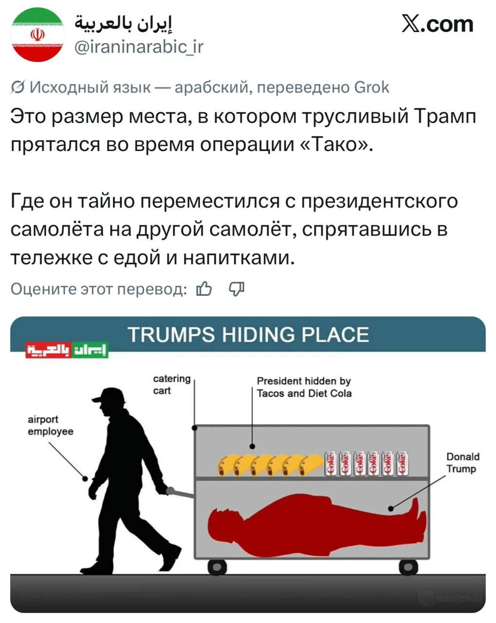 Иран в Х высмеял Дональда Трампа, наглядно показав размеры тележки с продуктами, в которой Трампу пришлось менять самолет из-за угрозы покушения