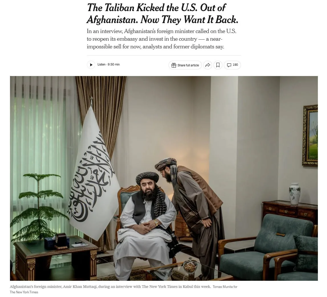 New York Times пишет, что талибы активно зазывают Штаты обратно в Афганистан