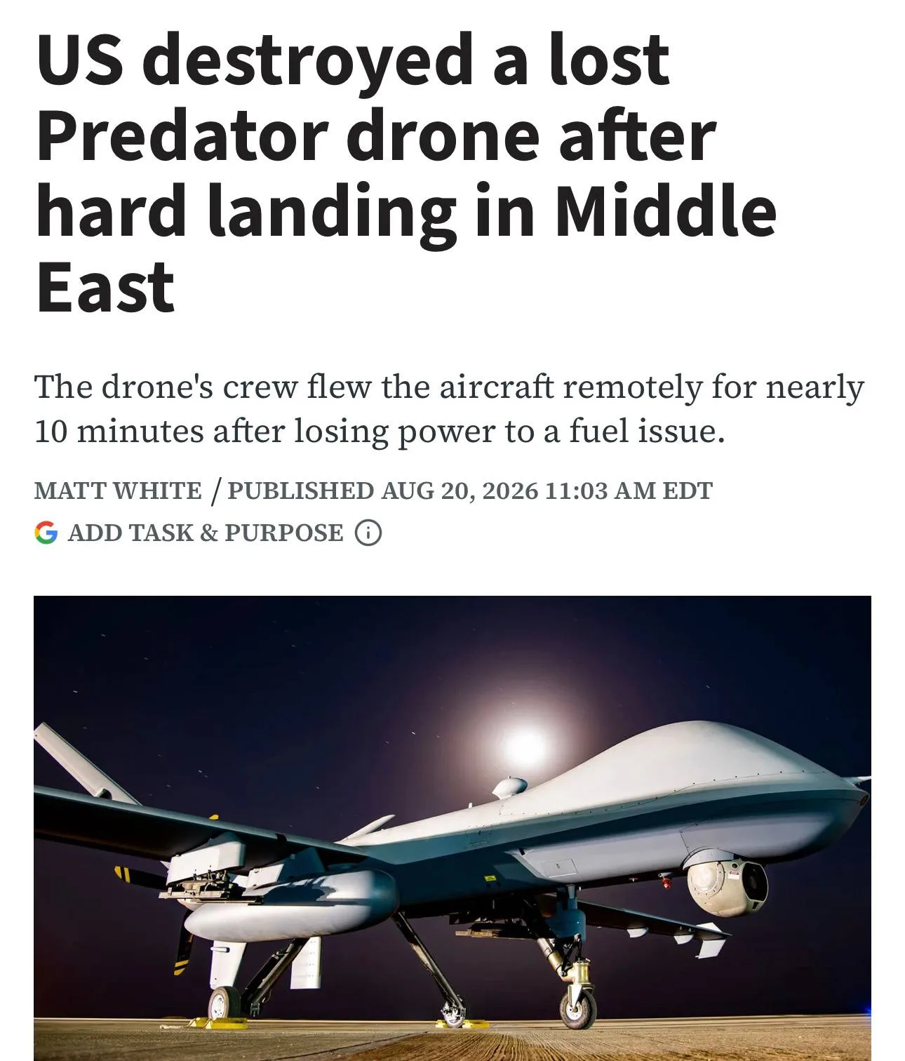 Стало известно о потере в прошлом году на Ближнем Востоке ещё одного БПЛА MQ-9A Reaper из-за неисправности топливной системы, согласно материалам Комиссии по расследованию авиационных инцидентов ВВС США
