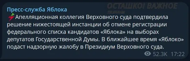 «Яблоко» сняли с выборов: Верховный суд отклонил жалобу партии