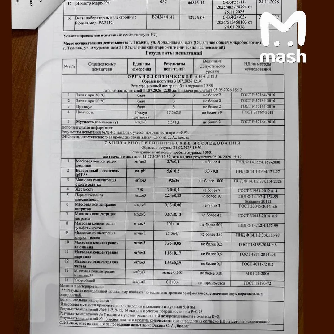 Тюменские чиновники убеждали жителей, что вода безопасна, — те не поверили, скинулись на экспертизу и нашли превышение железа в 3,3 раза, марганца в 2,3 и мутности — почти в 2,7